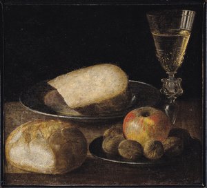 Naturaleza muerta de frutas, queso y pan